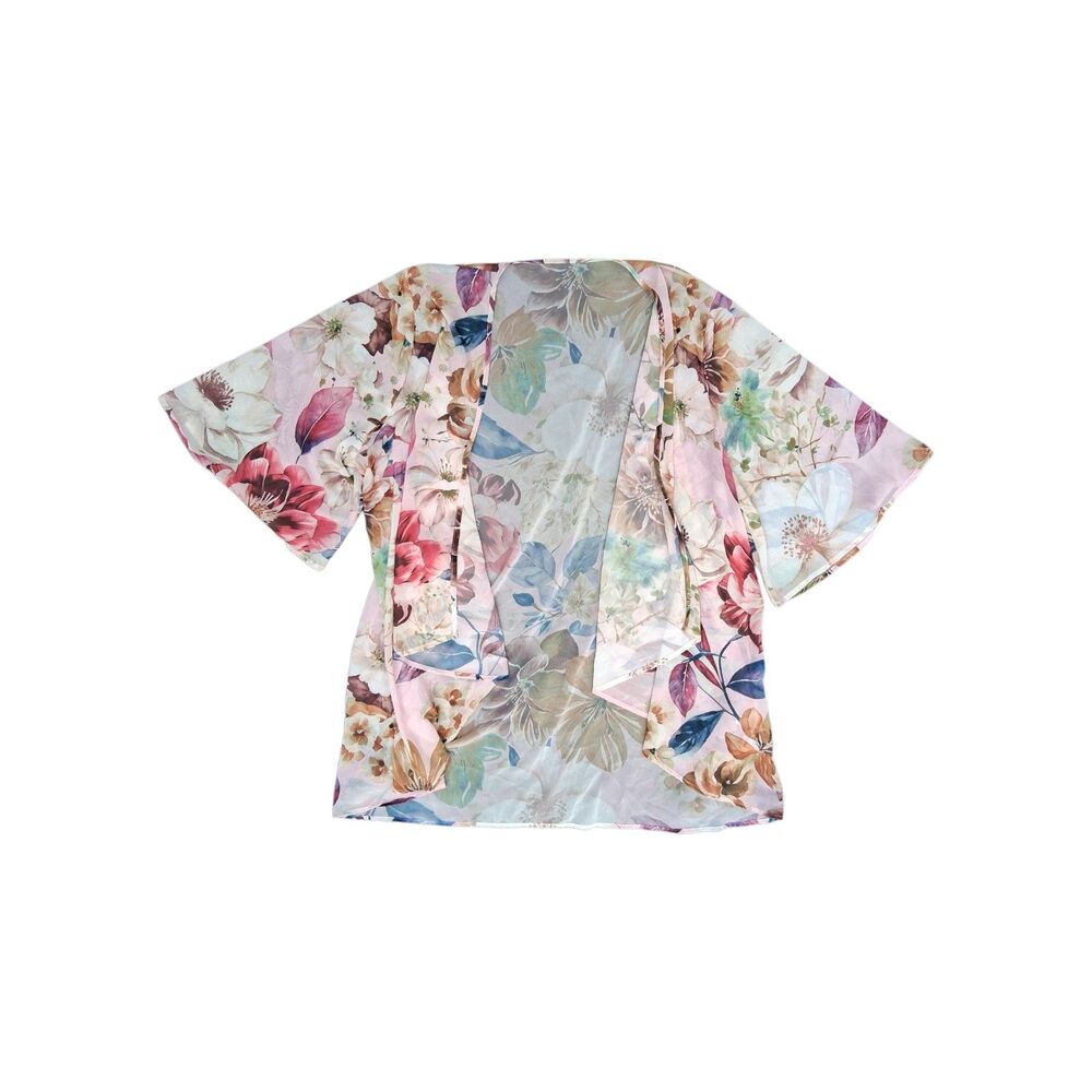 SHEIN Curve Floral Kimono Cardigan 3X Pink Chiffon Sheer Cover Up Open Front